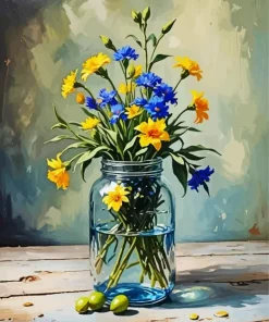 Blue And Yellow Flowers In A Jar Diamond Painting