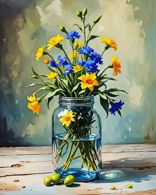 Blue And Yellow Flowers In A Jar Diamond Painting