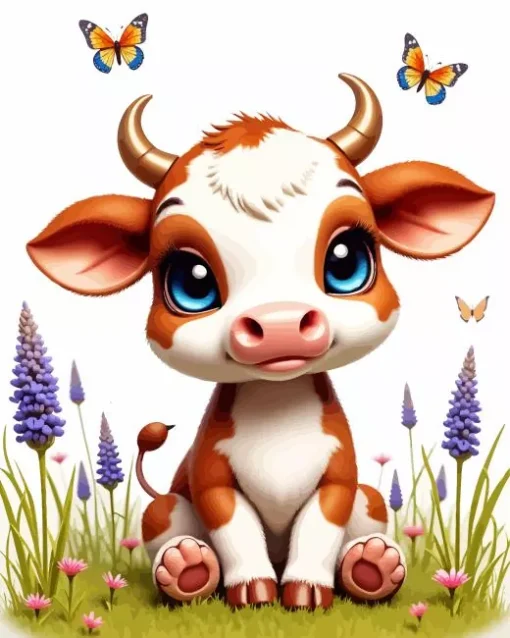 Brown And White Baby Cow Diamond Painting