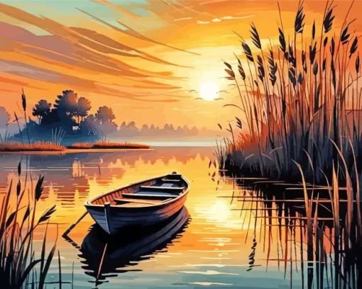 Brown Boat At Sunset Diamond Painting