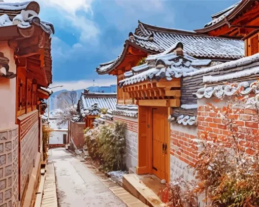 Bukchon Hanok Village In Snow Diamond Painting