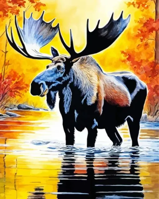 Bull Moose In Water Diamond Painting