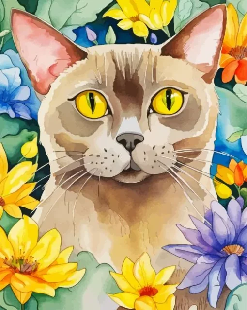 Burmese Cat And Flowers Diamond Painting