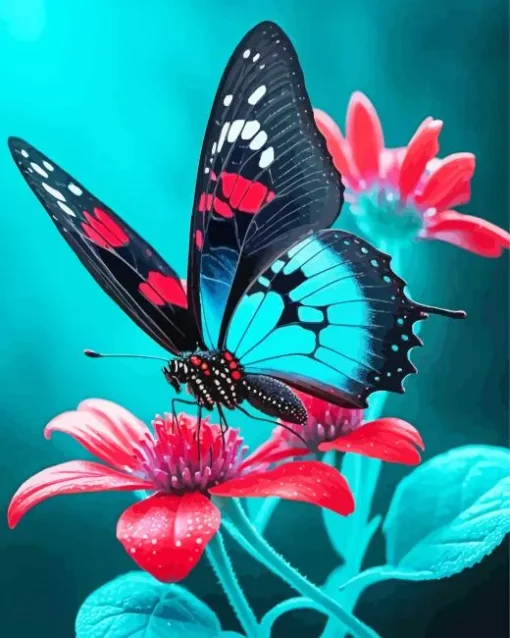 Butterfly On Red Flower Diamond Painting