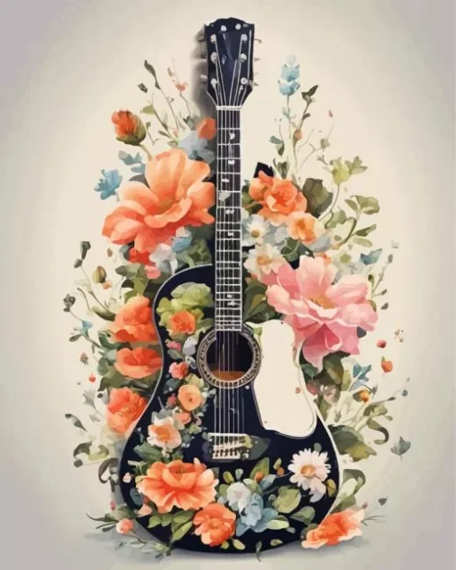 Floral Black Guitar Diamond Painting