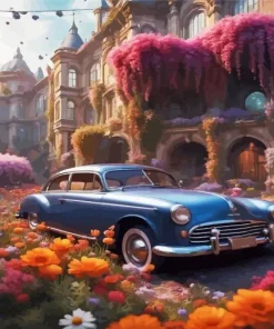 Flowers And Car Art Diamond Painting