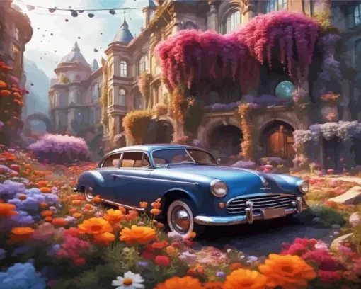 Flowers And Car Art Diamond Painting