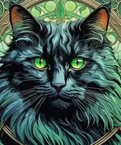 Fluffy Black Cat And Green Eyes Diamond Painting
