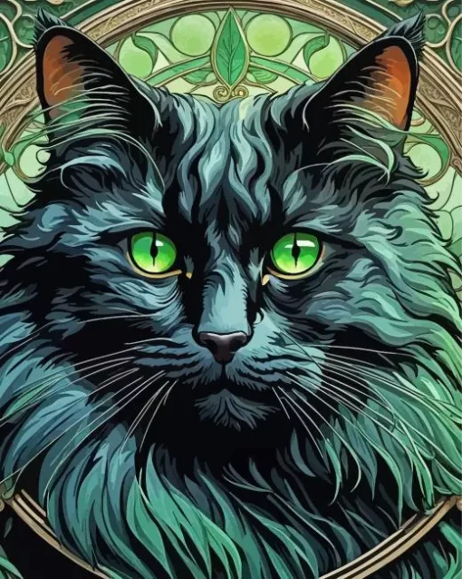 Fluffy Black Cat And Green Eyes Diamond Painting