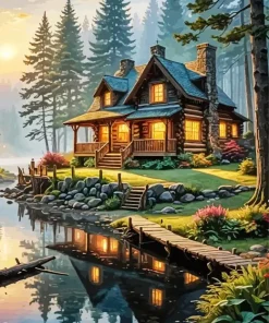 Forest Log Cabin Diamond Painting