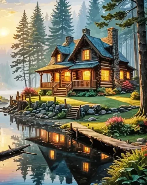 Forest Log Cabin Diamond Painting