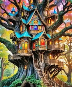 Forest Mystical Tree House Diamond Painting