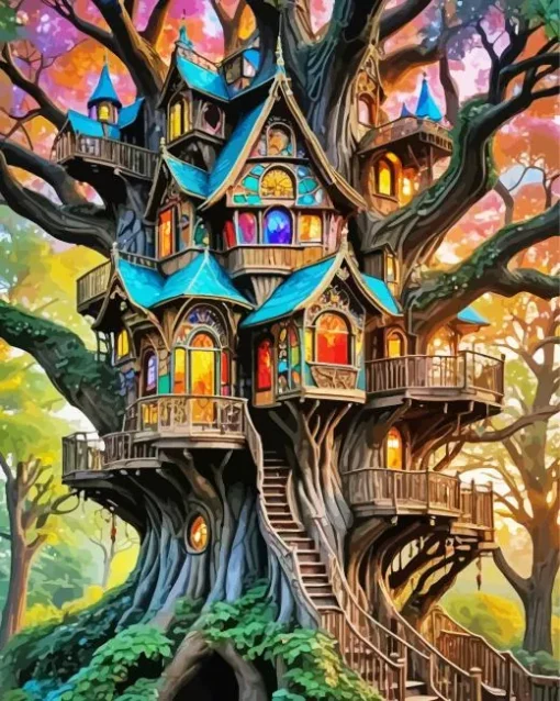 Forest Mystical Tree House Diamond Painting