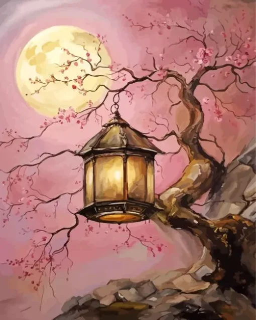 Full Moon Flowers Branch Diamond Painting