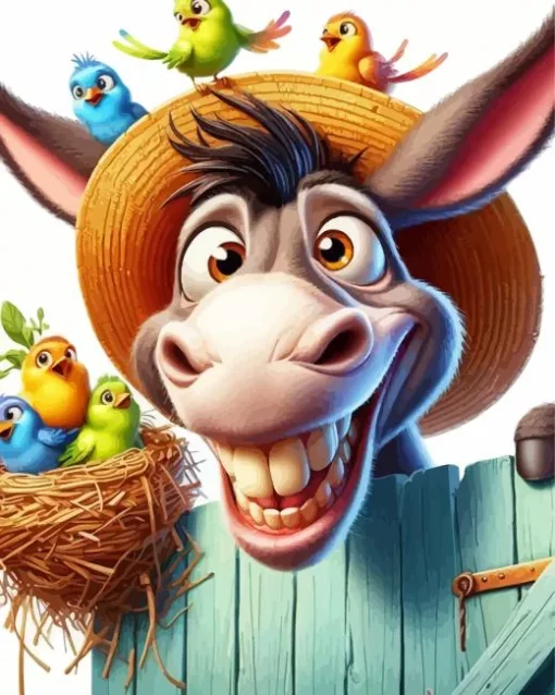 Funny Donkey And Birds Diamond Painting