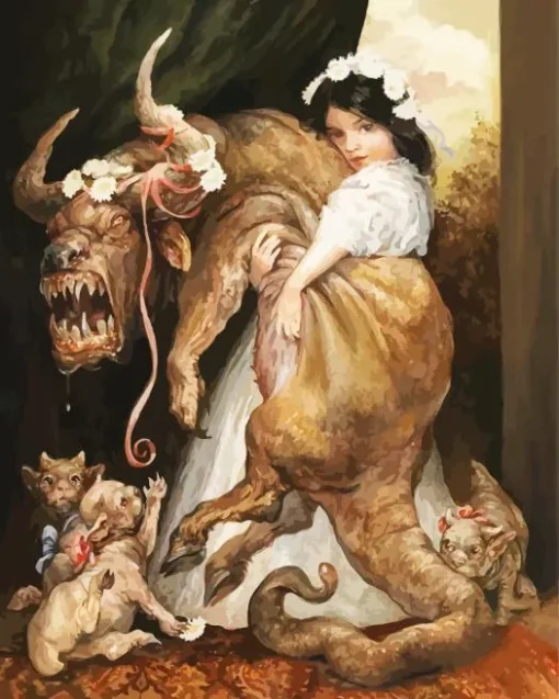 Girl Holding Demon Dog Diamond Painting