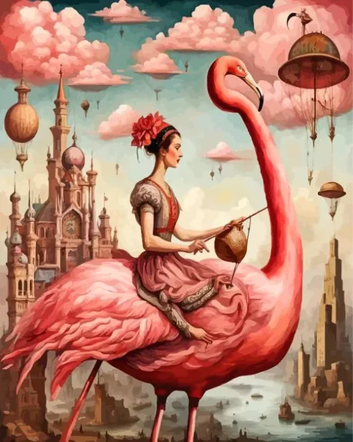 Lady Riding Flamingo Diamond Painting