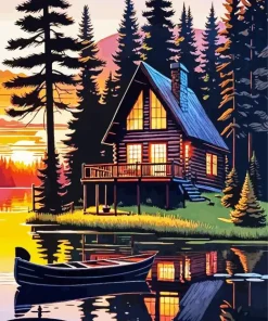 Lakeside Cabin At Sunset Diamond Painting