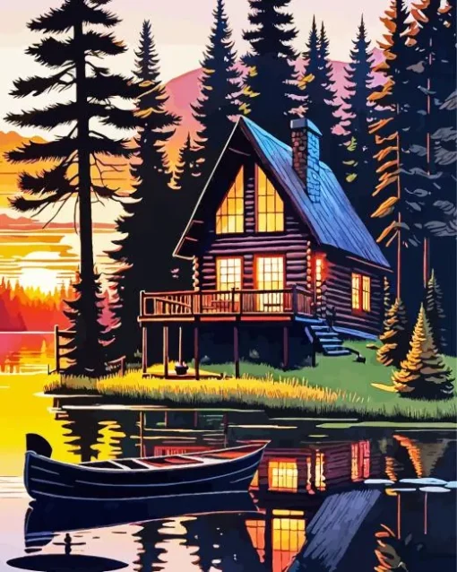 Lakeside Cabin At Sunset Diamond Painting