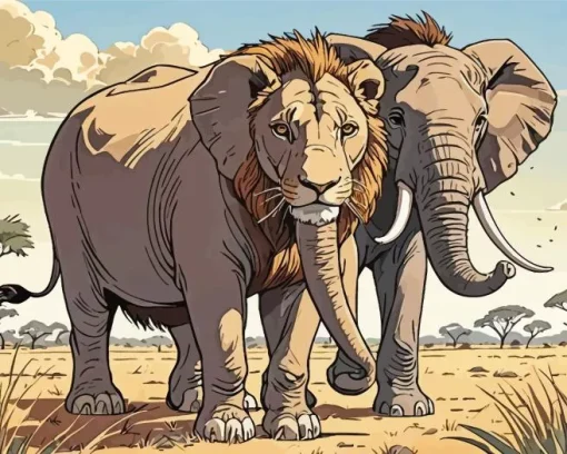 Lion And Elephant Diamond Painting