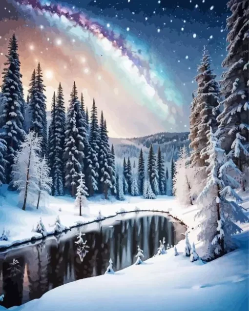 Snowy Forest River Diamond Painting