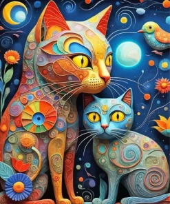Abstract Cats And Bird Diamond Painting