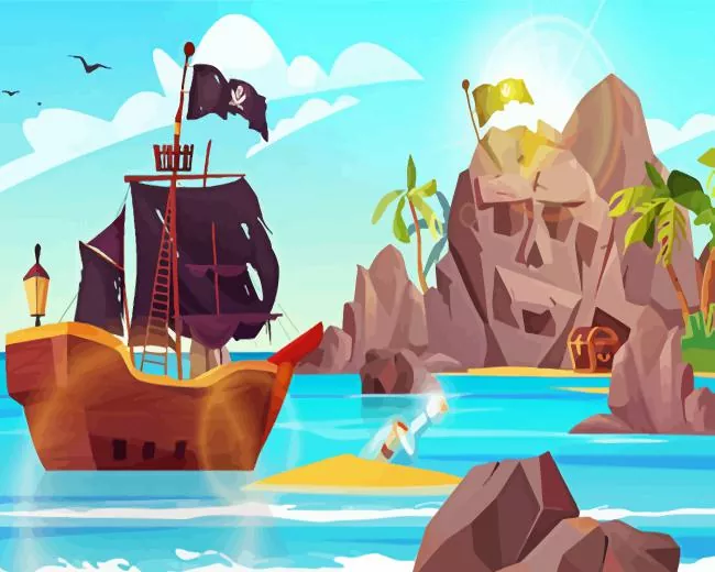Cartoon pirate ship sailing Diamond By Numbers Cartoon Pirate Ship Sailing Diamond Painting