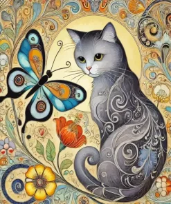 Cat And Butterfly Art Diamond Painting