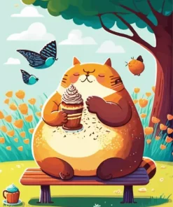 Fat Cartoon Cat Eating Ice Cream Diamond Painting