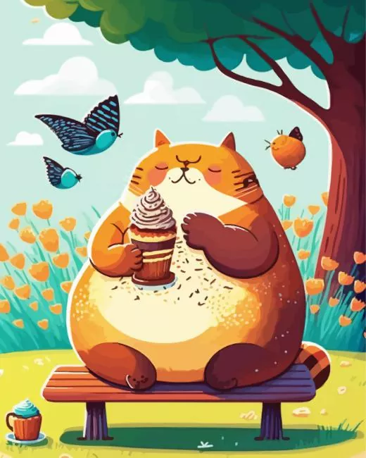 Fat cartoon cat eating ice cream Diamond Paintings Fat Cartoon Cat Eating Ice Cream Diamond Painting