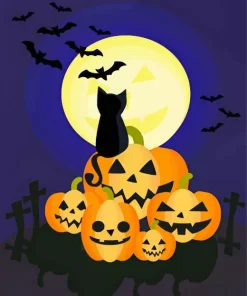 Halloween Cat And Bats at Night Diamond Painting