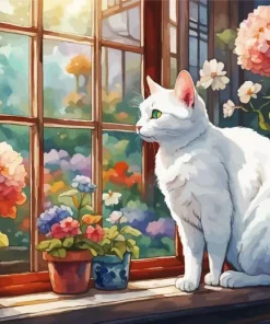 White Cat By Window Diamond Painting