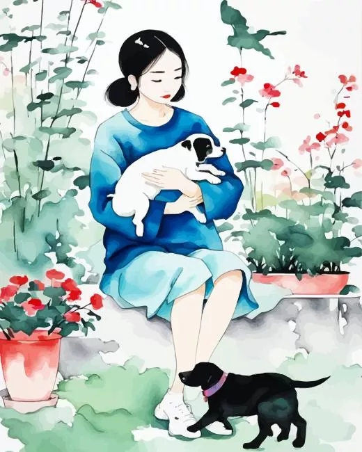 asian girl holding dog Diamond by Numbers Asian Girl Holding Dog Diamond Painting