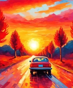 Car Driving Into Sunset Art Diamond Painting
