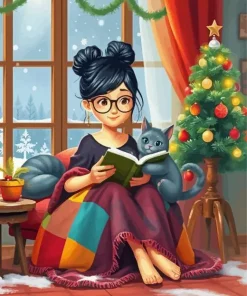 Cartoon Black Hair Girl Reading Book Diamond Painting