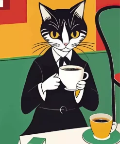 Cartoon Cat Drinking Coffee Diamond Painting