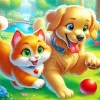 Cat And Dog Playing Together Diamond Painting