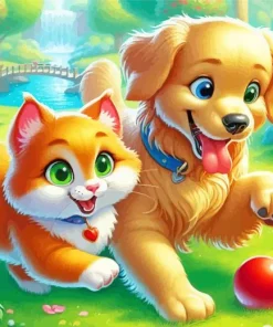 Cat And Dog Playing Together Diamond Painting