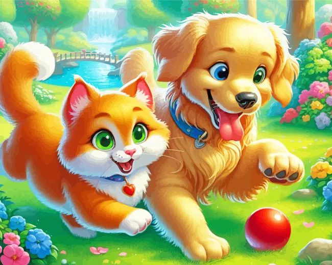 cat and dog playing together Diamond Dotz Cat And Dog Playing Together Diamond Painting