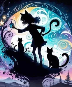 Cats And Girl Silhouette Diamond Painting