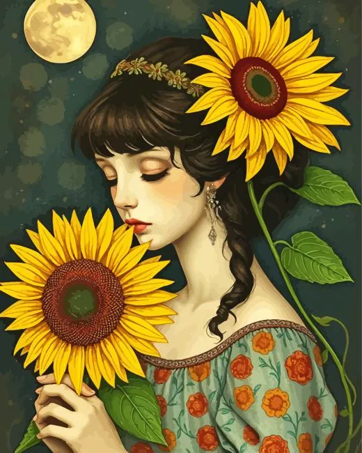 cute girl holding a sunflower Diamond by Numbers Cute Girl Holding A Sunflower Diamond Painting