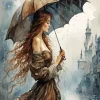Girl Standing In Rain With Umbrella Art Diamond Painting