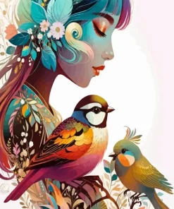 Girl With A Birds Diamond Painting