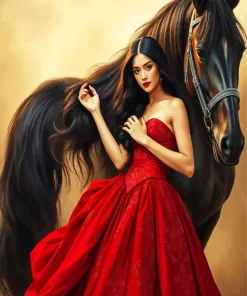 Girl With Black Horse Diamond Painting