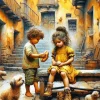 Little Girl And Boy Feeding Dogs Diamond Painting