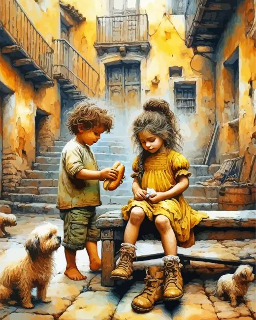 little girl and boy feeding dogs Diamond Paintings Little Girl And Boy Feeding Dogs Diamond Painting