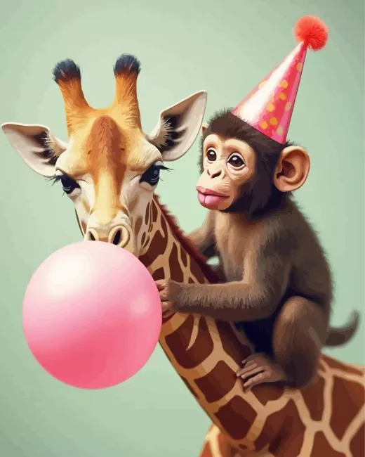 monkey and giraffe blowing a bubble Diamond Paintings Monkey And Giraffe Blowing A Bubble Diamond Painting